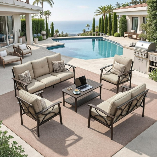 English Elm 5-piece Outdoor Conversation Set Steel Frame Patio Sofa Loveseat Chairs Table Beige B082S00120