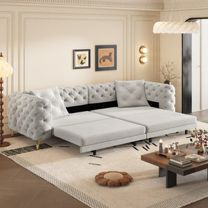 English Elm 97.6" Oversized Velvet Chesterfield Sleeper Sofa Floral Tufted Roll Arm Living Room Couch Light Grey W1885S00300