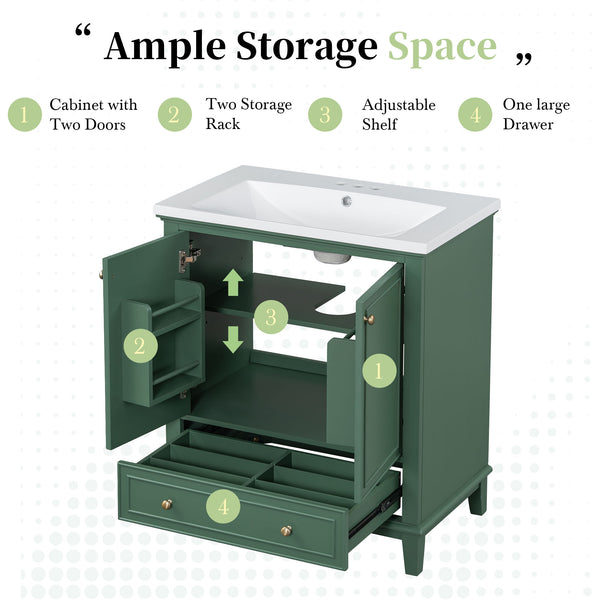 English Elm 30" Stylish Dark Green Bathroom Vanity With Sink Combo, Durable Mdf, Modern Design & Storage Solution SY999606AAF-6