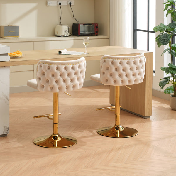 English Elm A&A Velvet Tufted Swivel Barstool with Ergonomic Back and Gold-Plated 17.7" Base, Set of 2 Beige W1143P204045