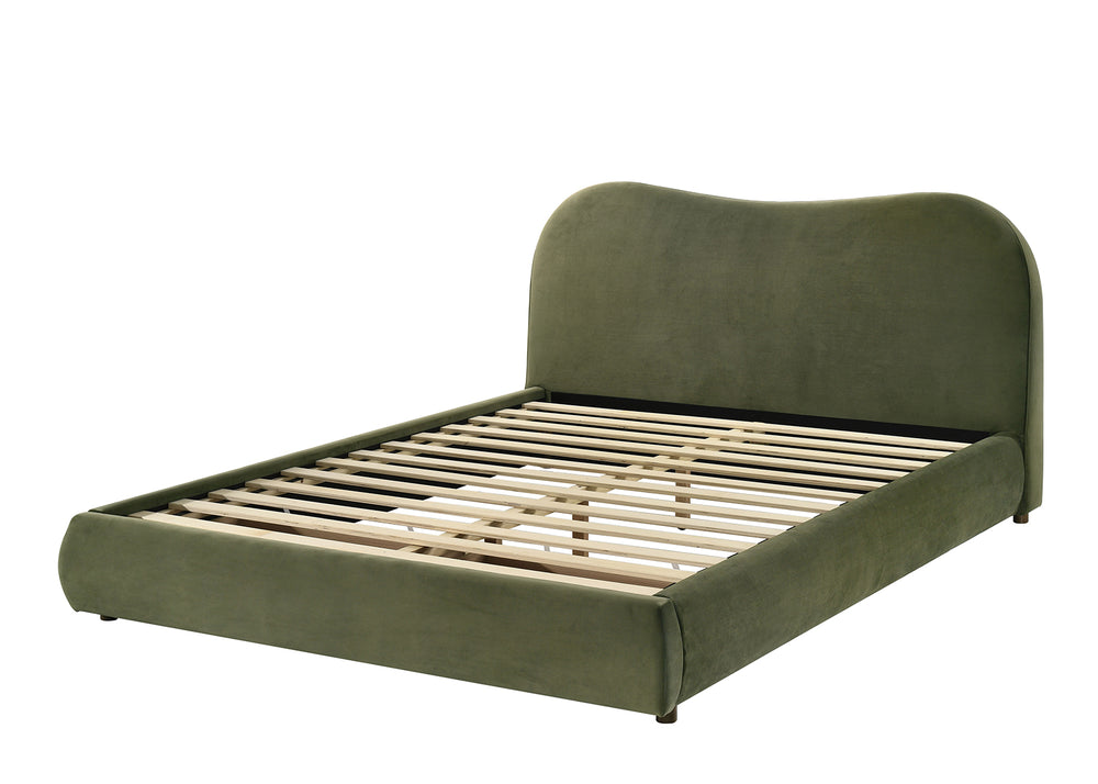 English Elm Olive Curved Upholstered Queen Bed with Built-In Footboard Drawer, Solid Wood Frame, Luxurious Velvet Finish Olive Green 32 L x 21 W x 15 H B2741S00716
