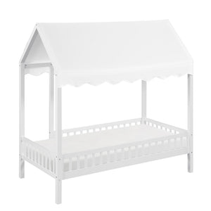 English Elm Gray Finish Canopy Platform Bed Scalloped Fabric Cover Solid Wood Twin Frame White B011P463889