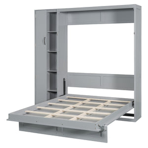 English Elm Full Size Murphy Bed with Open Shelving Wardrobe and Led Lighting for Studio Spaces Gray LP000898AAE-1