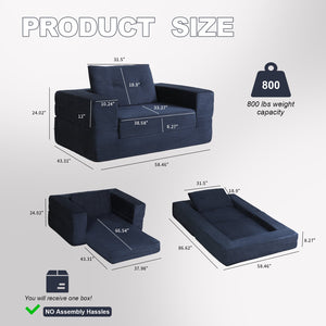 English Elm Compression Human Dog Sofa Bed 3-in-1 Folding Corduroy Floor Couch with Memory Foam Pillow for Living Room Dark Blue W3723P376785