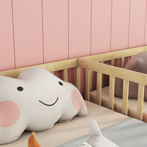 English Elm Double Twin Floor Bed With Safety Guardrails - Scandinavian Style, Durable Pine, Easy Assembly W504P143287