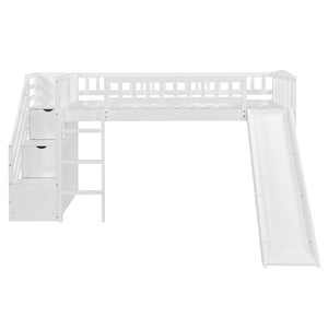 English Elm Stairway Twin Loft Bed with Storage Staircase Slide and Guardrails for Kids White LT000515AAK-2