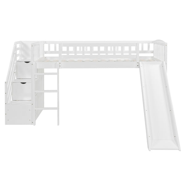 English Elm Stairway Twin Loft Bed with Storage Staircase Slide and Guardrails for Kids White LT000515AAK-2