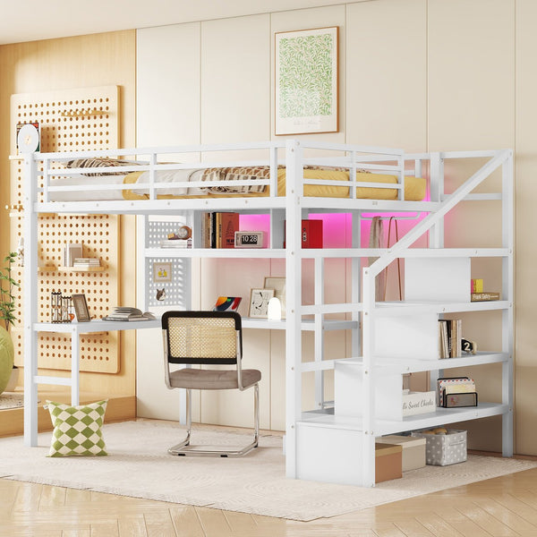 English Elm Full Size Loft Bed With Integrated Led, Workspace & Storage, Stylish Metal Frame For Kids' Rooms W2593S00018