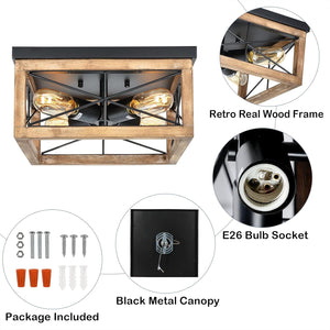 English Elm Wooden 4-Light Farmhouse Flush Mount Ceiling Light with Real Wood Frame & Ceramic Sockets, Black Finish W2738P185436