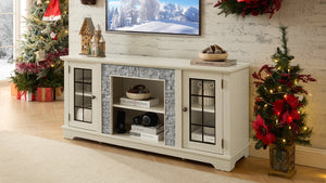 English Elm 58" Modern TV Stand with Faux Stone Top, 6 Cable Cutouts, Ample Adjustable Storage for 75" TVs White W2275P342693