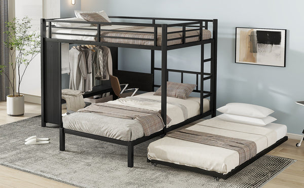 English Elm Full Over Twin Bunk Bed With Integrated Wardrobe, Trundle, Foldable Desk & Noise-Reduced Design In Black W1580S00136