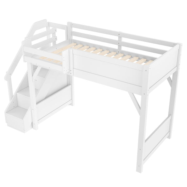 English Elm Twin Low Loft Bed Solid Pine Frame Kids Study Desk Blackboard Storage White Light White W1580S00466