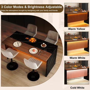 English Elm 63" Modern Kitchen Island Set With 4 Gray Bar Stools - Elegant Black Marble, Led Lights & Versatile Design W2699S00071