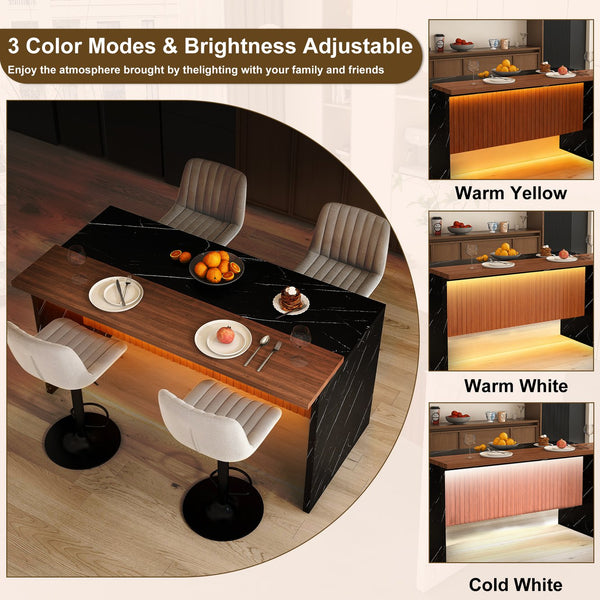 English Elm 63" Modern Kitchen Island Set With 4 Gray Bar Stools - Elegant Black Marble, Led Lights & Versatile Design W2699S00071