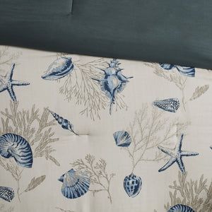 English Elm 7 Bayside Cotton Sateen Comforter Set Queen – Coastal Seashell Print, Taupe Coral Accents, 200TC Luxury Blue 23.6 L x 18.9 W x 15.35 H B03597030