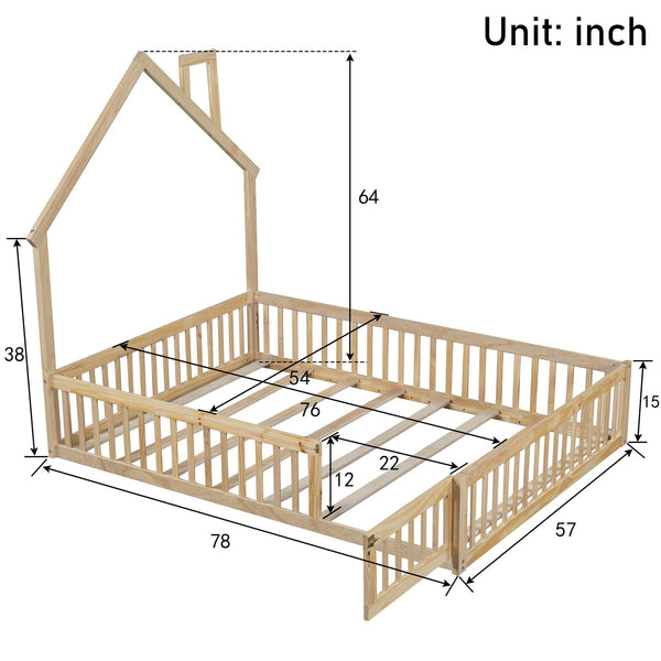 English Elm Wood House Platform Bed Full Size with Guardrail & Playful Frame, Sturdy Pine, Kid-Safe Design Natural N709P171852M
