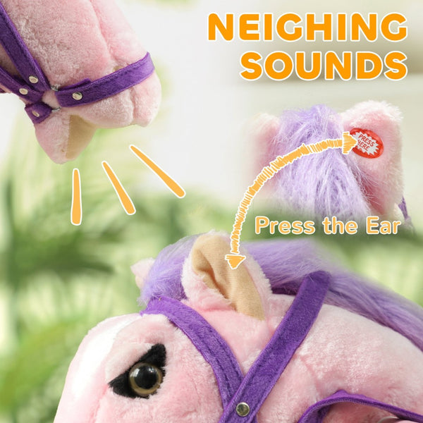 English Elm Qaba Plush Spring Rocking Horse with Sounds Stirrups and Saddle for Kids Pink W2225P249745
