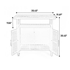 English Elm Outdoor Wicker Bar Cart with Wheels — Rolling Rattan Beverage & Wine Serving Counter with Glass Top Beige W640P253282