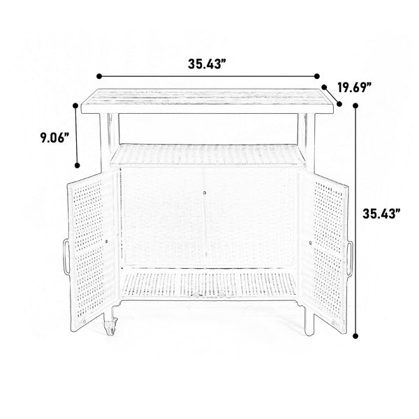English Elm Outdoor Wicker Bar Cart with Wheels — Rolling Rattan Beverage & Wine Serving Counter with Glass Top Beige W640P253282