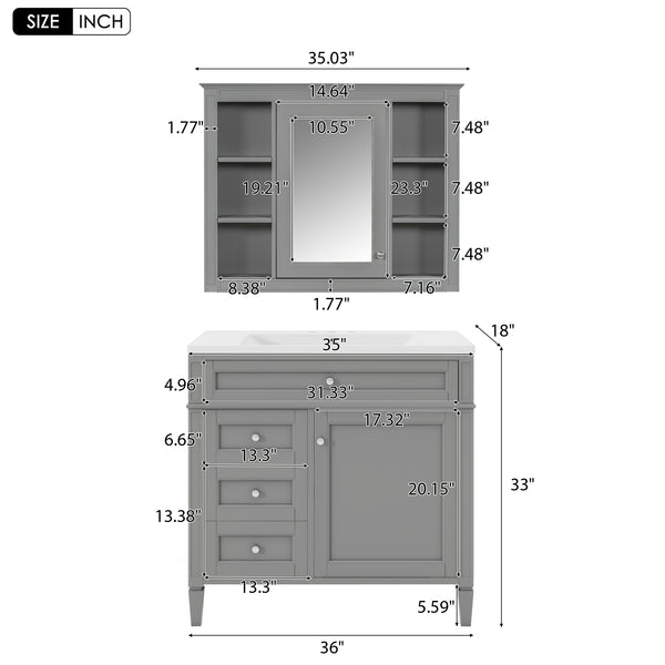 English Elm 36'' Bathroom Vanity With Medicine Cabinet - Modern Grey Storage Solution With Soft-Closing Design SW000134AAE-3