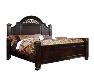English Elm Queen Panel Bed with Floral Paneled Headboard & Footboard, Dark Walnut Finish, Antique Brass Accents B2741S00045