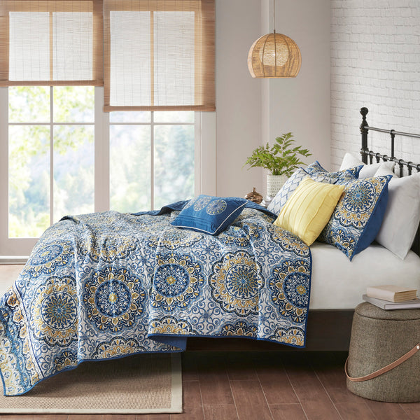 English Elm 6 Tangiers Reversible Quilt Set Full/Queen - Bold Blue & Yellow Floral Medallion Design, 6-Piece Soft Microfiber B03597623