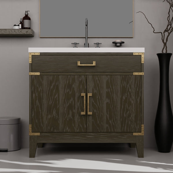 English Elm Brown Oak Single Bath Vanity With Cultured Marble Countertop & 34 In. Mirror - Stylish Storage Solution! B2731S01461