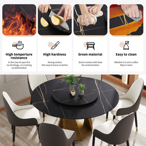 English Elm 59.05" Round Marble Dining Table With Bronze Iron Base & 31.5" Turntable For 6-8 People, Black Elegance W1535S00414
