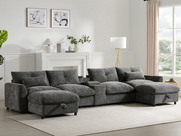 English Elm 142'' Modular Sectional Sofa - 6 Seats, Movable Ottoman, Usb Charging, Chic Chenille Style N723S9777E-GIGA