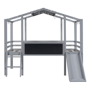 English Elm Twin House Loft Bed with Slide Chalkboard Panel and Led Roofline for Kids Gray WF324323AAE