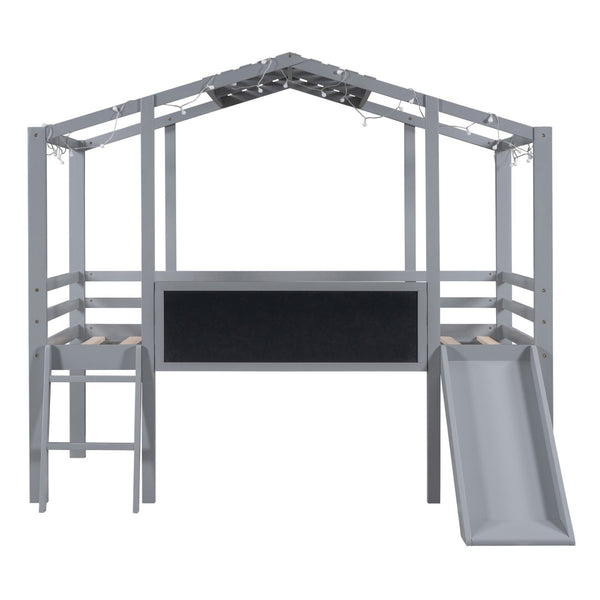 English Elm Twin House Loft Bed with Slide Chalkboard Panel and Led Roofline for Kids Gray WF324323AAE