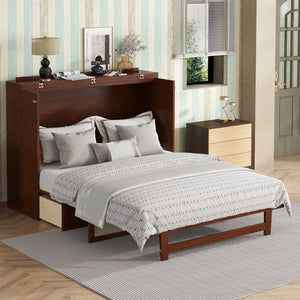 English Elm Queen Size Murphy Bed - Stylish Walnut Pine Cabinet With Rattan Accents & Full-Width Storage Drawer W504S00231-GIGA