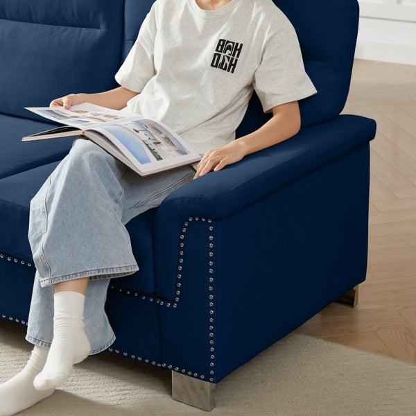 English Elm 82" Chesterfield Snowfleece Upholstered 3-seat Sofa Nailhead Trim Plush Living Room Blue W1359P386025