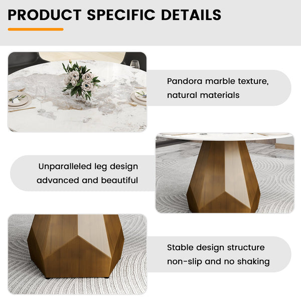 English Elm 59.05" Round Marble Dining Table – Elegant Metal Base For 6-8 People, Perfect For Dining & Living Rooms W1535S00455