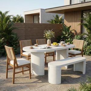 English Elm 6 Piece Outdoor Dining Set Terrazzo Table Acacia Chairs Wicker Backs Patio Garden N773OD00081T
