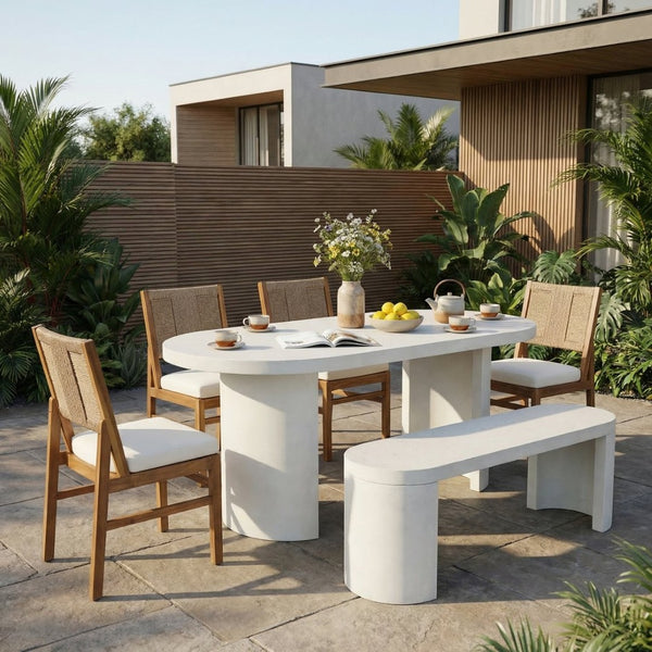 English Elm 6 Piece Outdoor Dining Set Terrazzo Table Acacia Chairs Wicker Backs Patio Garden N773OD00081T