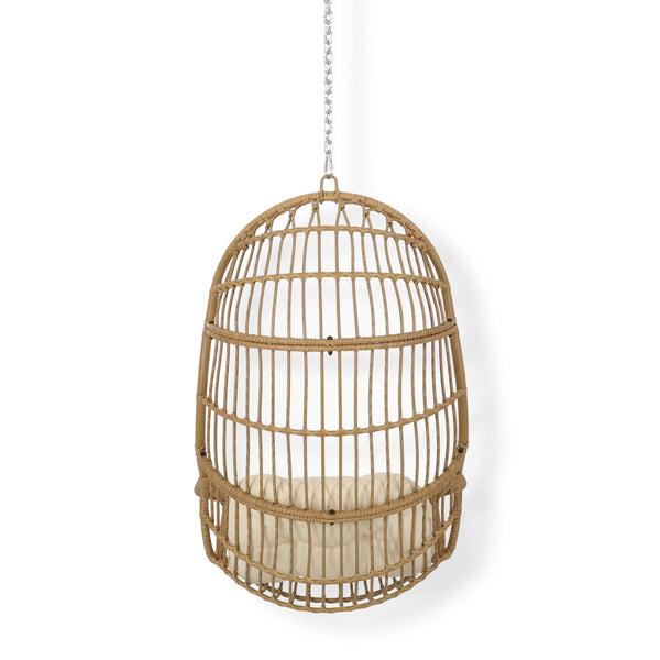 English Elm Christopher Knight Home® - BERKSHIRE Wicker Hanging Chair with 8ft Chain — Weather‑Resistant Faux Rattan Swing, 300 lb Capacity Brown+Beige 70843.00LBGE