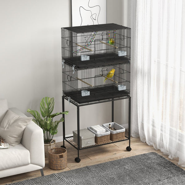 English Elm Pawhut Stackable Two Level Steel Bird Cage with Rolling Stand Perches Swing Ladder W2225P173758