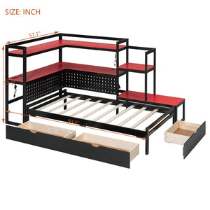 English Elm Twin Gaming Daybed with Led Strips Desk Pegboard Bookcase and Three Storage Drawers Black+Red N820S00083J