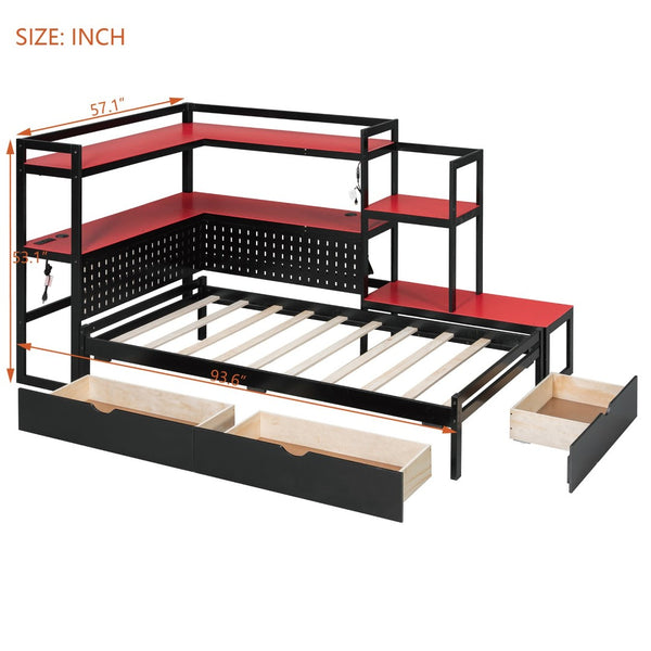 English Elm Twin Gaming Daybed with Led Strips Desk Pegboard Bookcase and Three Storage Drawers Black+Red N820S00083J