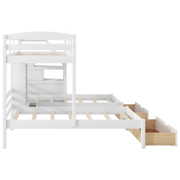English Elm Twin Triple Bunk Bed White Pine Frame with Staircase Storage Drawers and Built Shelves GX000324AAK-1