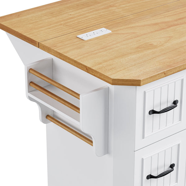 English Elm K&K 56-Inch Kitchen Island Cart with Embossed Vertical Stripe, Drop Leaf, Charging Station, Storage White N707P266184W