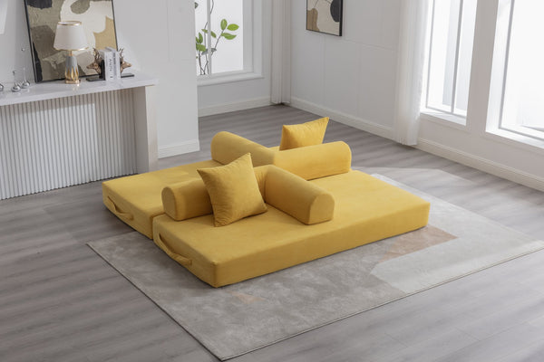 English Elm UNITED modular foldable sofa with metal frame, corduroy upholstery, side pocket & quick assembly convenience Mustard yellow W1568P375635