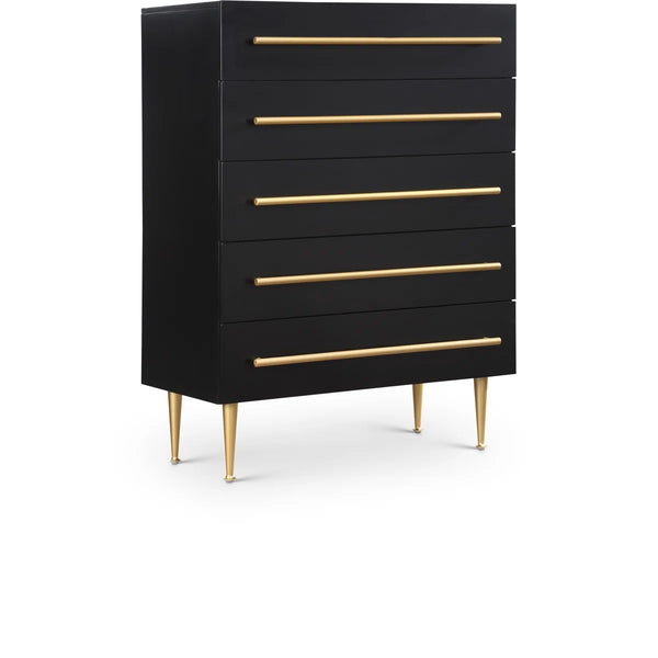 English Elm Contemporary 5-Drawer Chest with Brushed Gold Legs and Handle, Durable Wood Construction, Sleek Bedroom Storage Black+Gold 39 L x 21 W x 43 H B011P353753