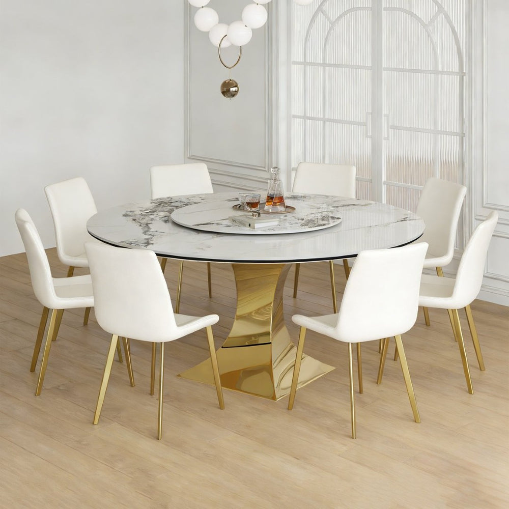 English Elm 59" Round Sintered Stone Table Set Seats Eight with Gold Hourglass Base Lazy Susan W2700S00130