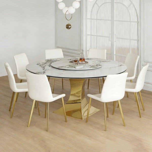 English Elm 59" Round Sintered Stone Table Set Seats Eight with Gold Hourglass Base Lazy Susan W2700S00130