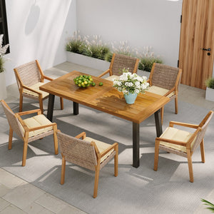 English Elm Christopher Knight Home® - Outdoor Dining Set – 7-Piece Premium Acacia Wood Table & Stacking Wicker Chairs With Cushions N770P272397G006_57192.00