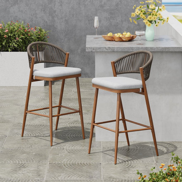 English Elm Christopher Knight Home® - Outdoor 30.25" Barstool Set Of 2 - Stylish Aluminum Frame With Pe Rattan Backrest, Teak Finish N772P245120T