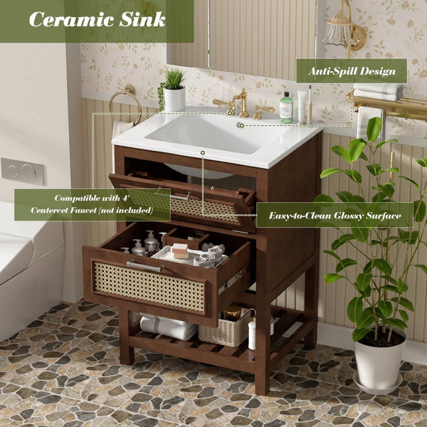 English Elm 24" Rattan Front Bathroom Vanity with Ceramic Sink Deep Drawer Storage Mdf Cabinet Dark Brown N710P293990P