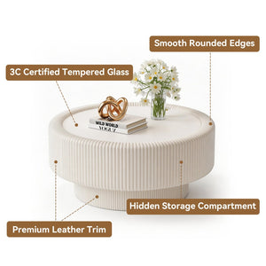 English Elm 31.5" Fluted Leather Round Coffee Table Tempered Glass Lift Top Hidden Storage Modern White W3158P450848